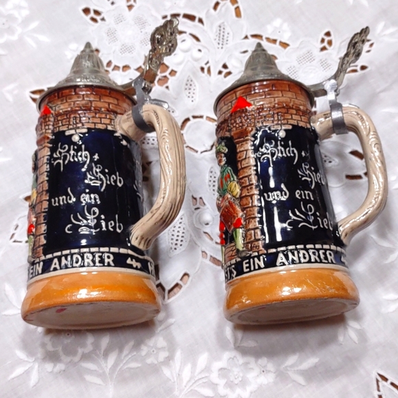 Vintage German Biersteins with Pewter Lids - Set of 2 - Picture 3 of 11